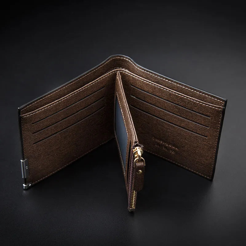Men's short business wallet in PU leather with embossed plaid pattern, 12 x 9.5cm, black or coffee
