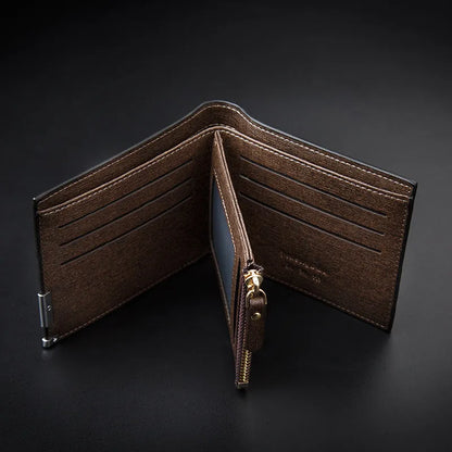 Men's short business wallet in PU leather with embossed plaid pattern, 12 x 9.5cm, black or coffee