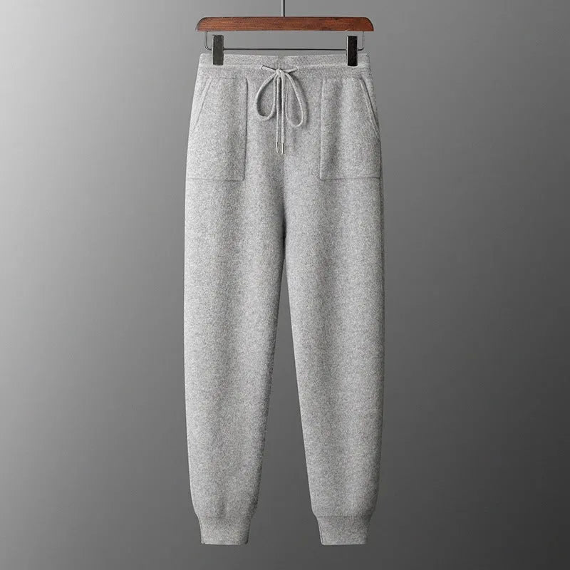 Men's cashmere hooded sweatshirt and trousers set in light grey or dark grey for winter leisure wear