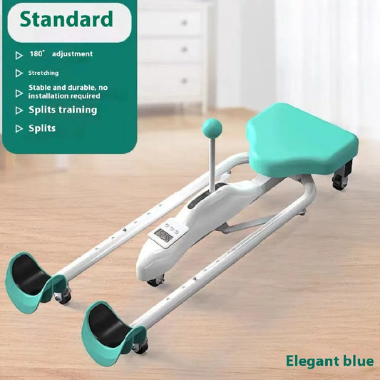 Steel-framed leg stretching equipment with foam padding in pink or blue, optional backrest version available