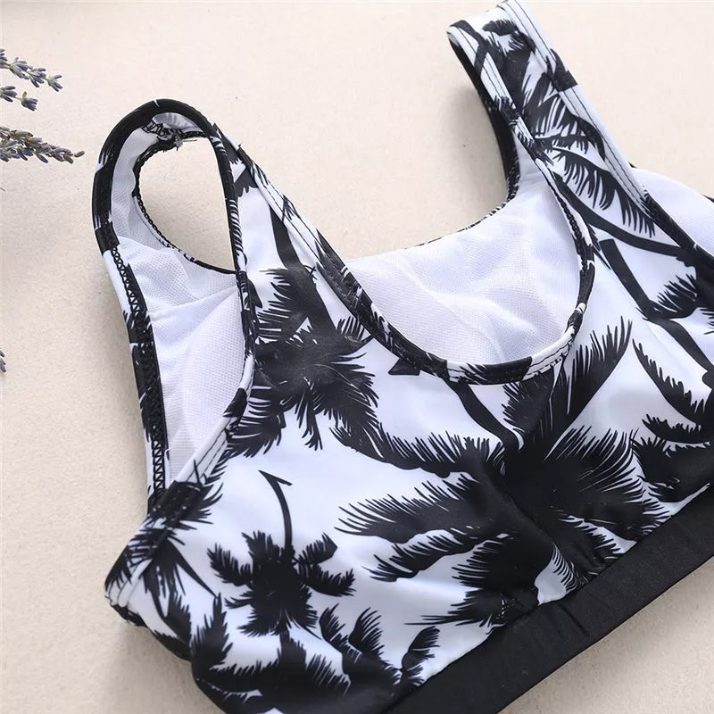Coconut palm sports bikini with floral pattern and chest pad for water activities