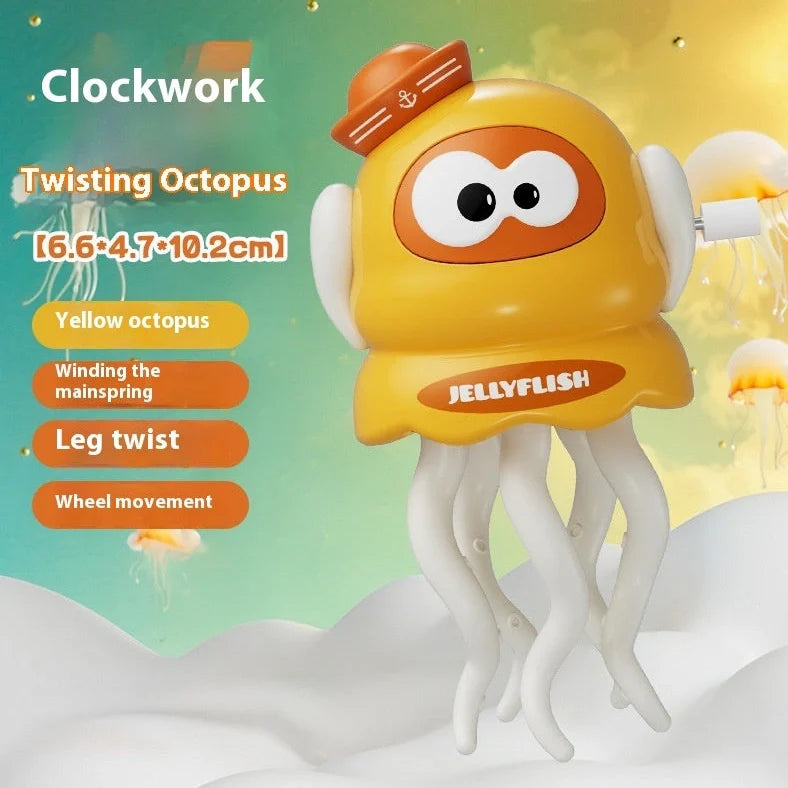 Green wind-up octopus toy dancing on surface with clockwork mechanism visible
