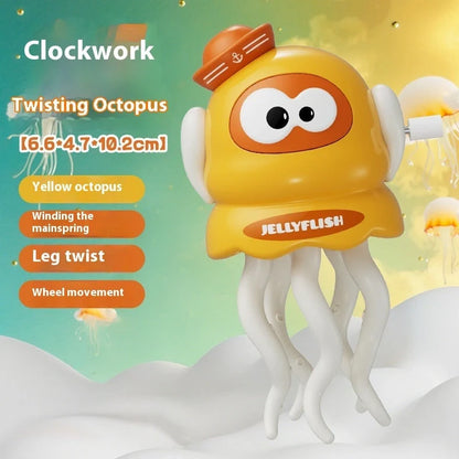 Green wind-up octopus toy dancing on surface with clockwork mechanism visible