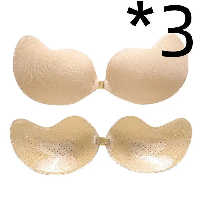 A discreet, backless and strapless silicone bra that provides a natural lift and invisible support under clothing.