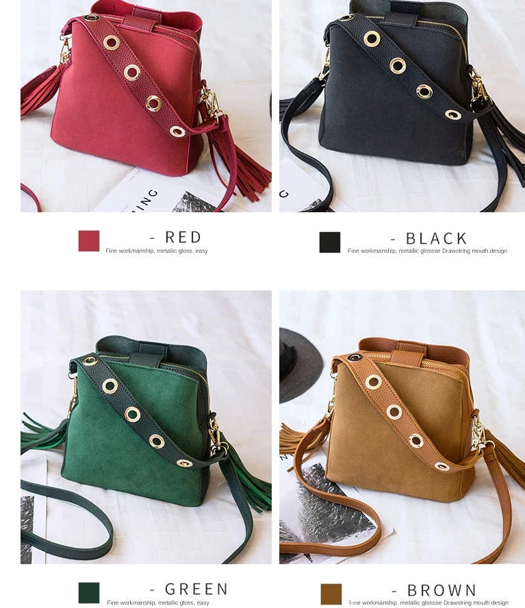 A stylish frosted tassel bucket bag with interior pockets and a versatile shoulder strap design