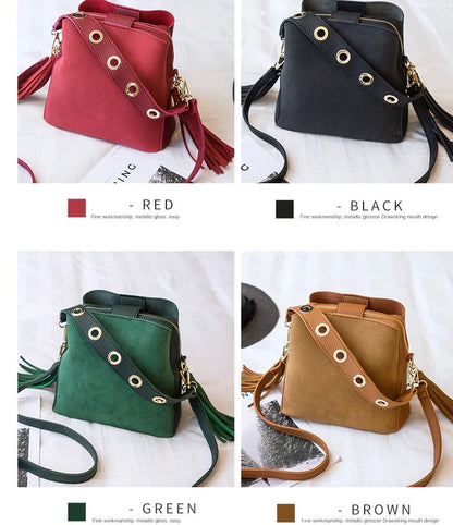 A stylish frosted tassel bucket bag with interior pockets and a versatile shoulder strap design