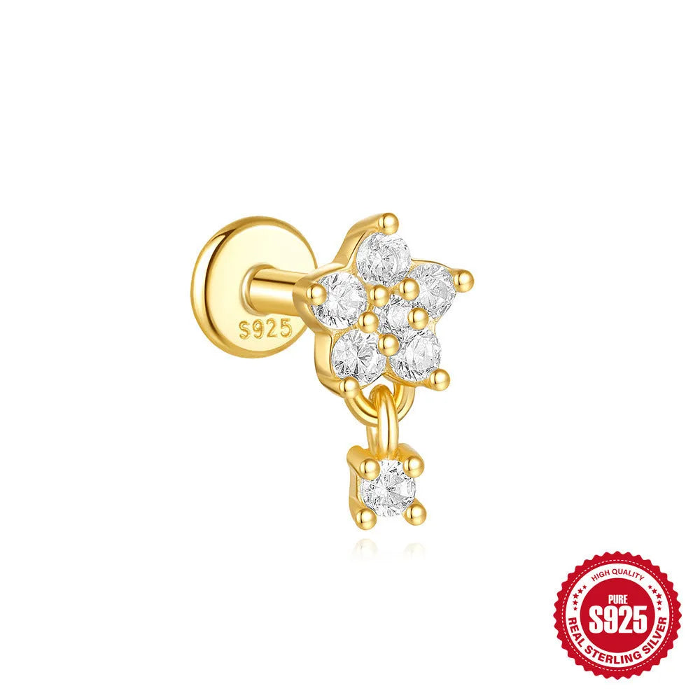 S925 sterling silver moon and star earrings with embedded diamond accents on a geometric design