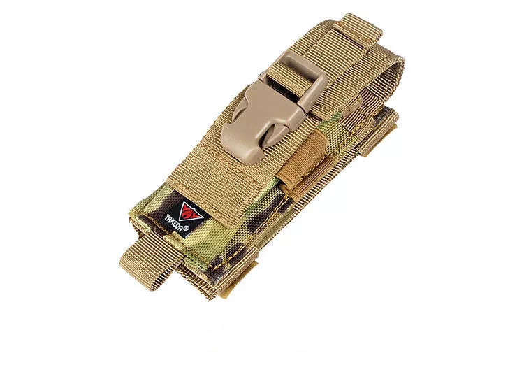 Compact outdoor survival kit in desert camouflage with adjustable webbing