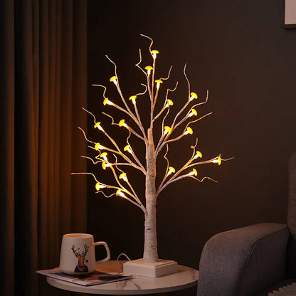 60cm tall birch tree lamp with 24 LED mushroom flowers, warm light illumination, USB and battery power options