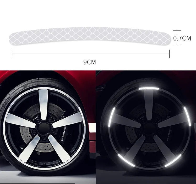 20-piece car wheel hub reflective stickers in multiple colours including fluorescent, rainbow and standard options