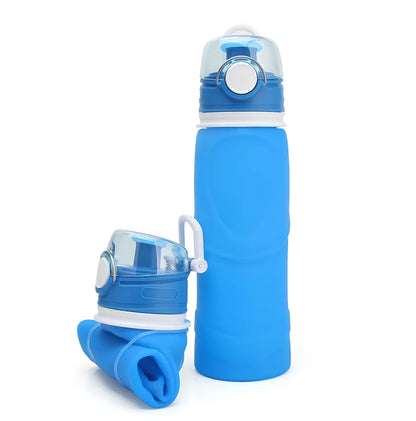 Orange silicone folding water bottle showing collapsed 7cm height and expanded 22cm height with 750ml capacity