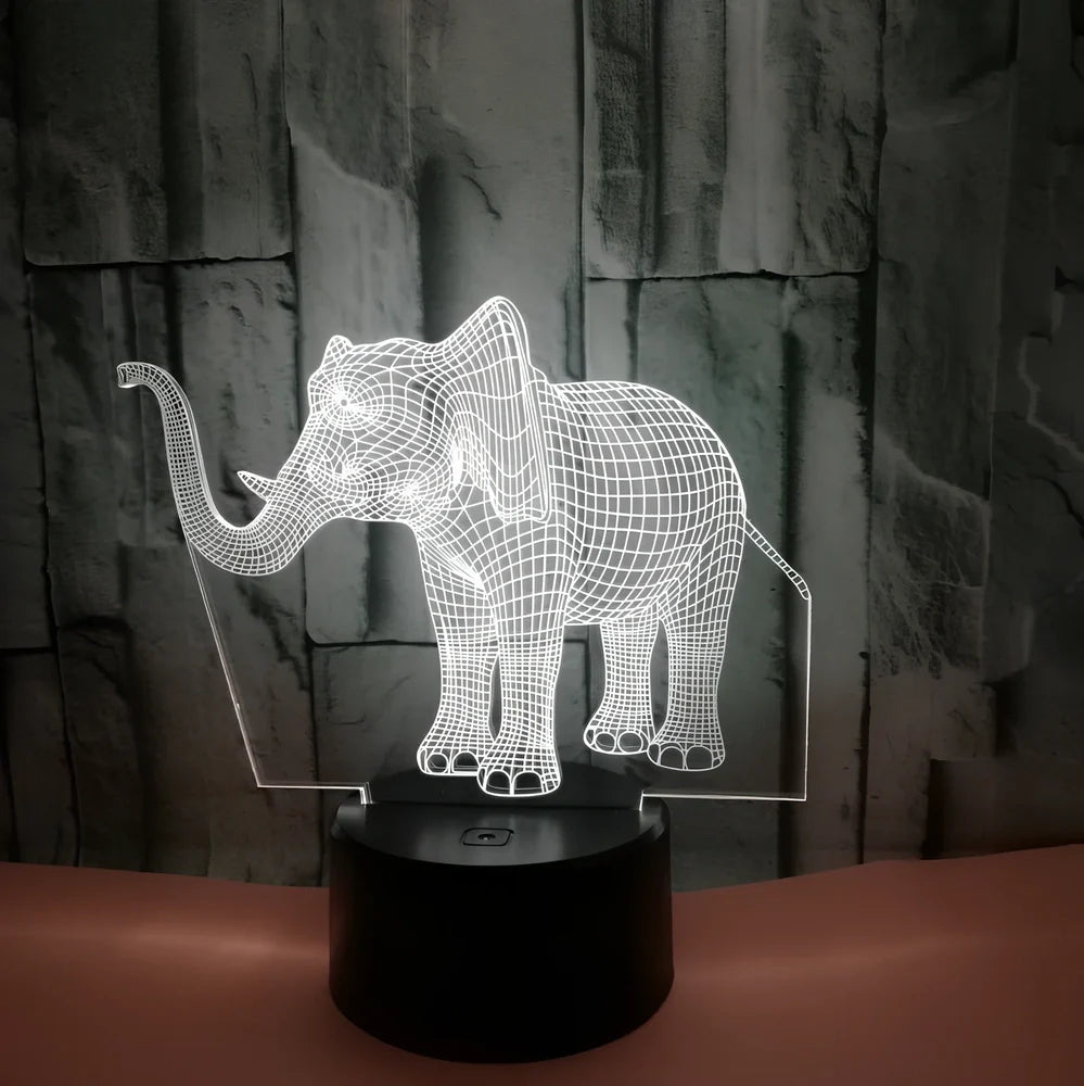 3D elephant LED table lamp with colourful illumination and touch control base measuring 87x87x42mm