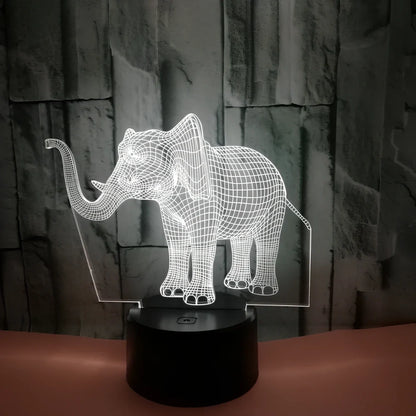3D elephant LED table lamp with colourful illumination and touch control base measuring 87x87x42mm