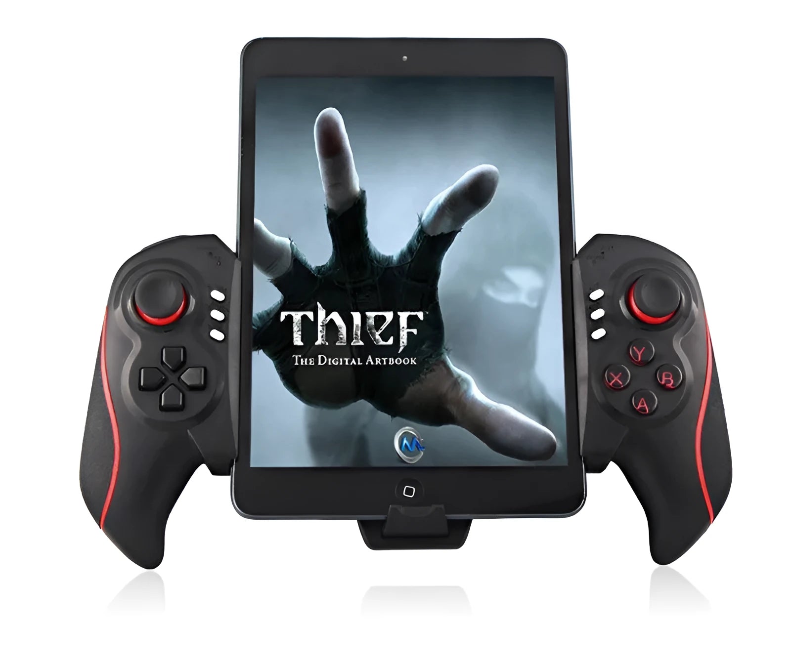Wireless telescopic game controller extended with a phone inserted, showing buttons and USB port.