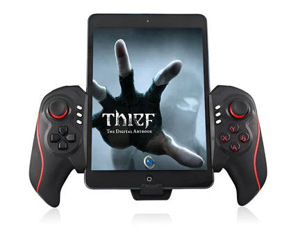 Wireless telescopic game controller extended with a phone inserted, showing buttons and USB port.