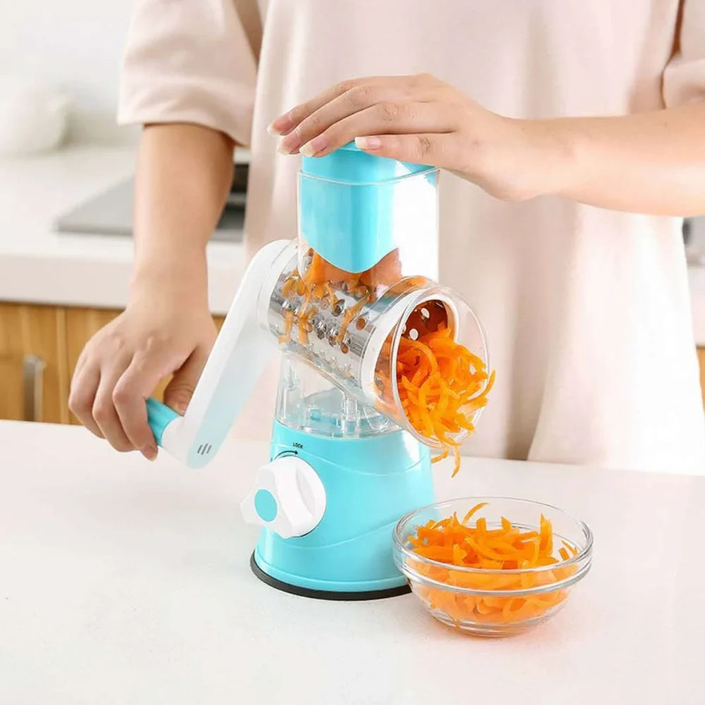 Blue hand drum rotary grater with stainless steel blades for cutting vegetables
