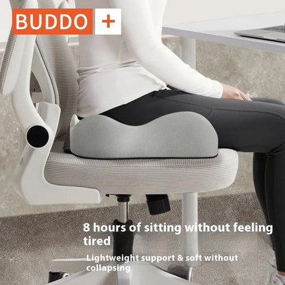 Memory foam seat cushion with contoured shape for lower back support, measuring 40cm x 40cm