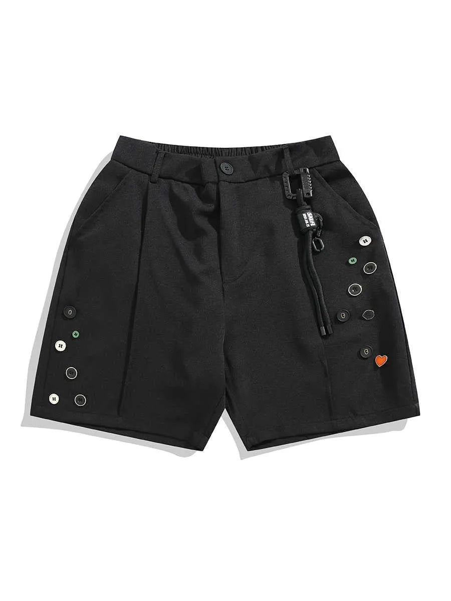Men's black loose fit shorts with elastic waistband and zip fly in straight-leg design