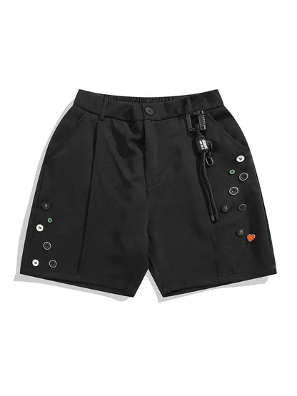 Men's black loose fit shorts with elastic waistband and zip fly in straight-leg design