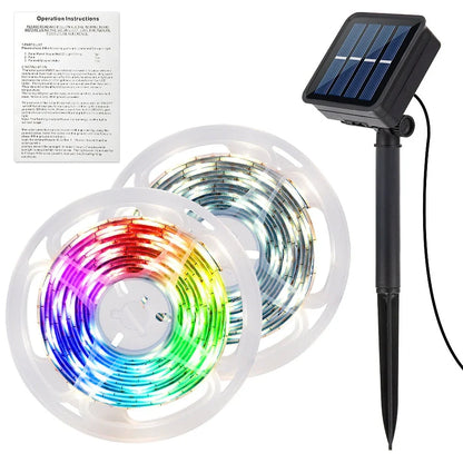 Compact 70x70mm solar LED strip with 90 lights in warm white, IP65 rated for garden paths