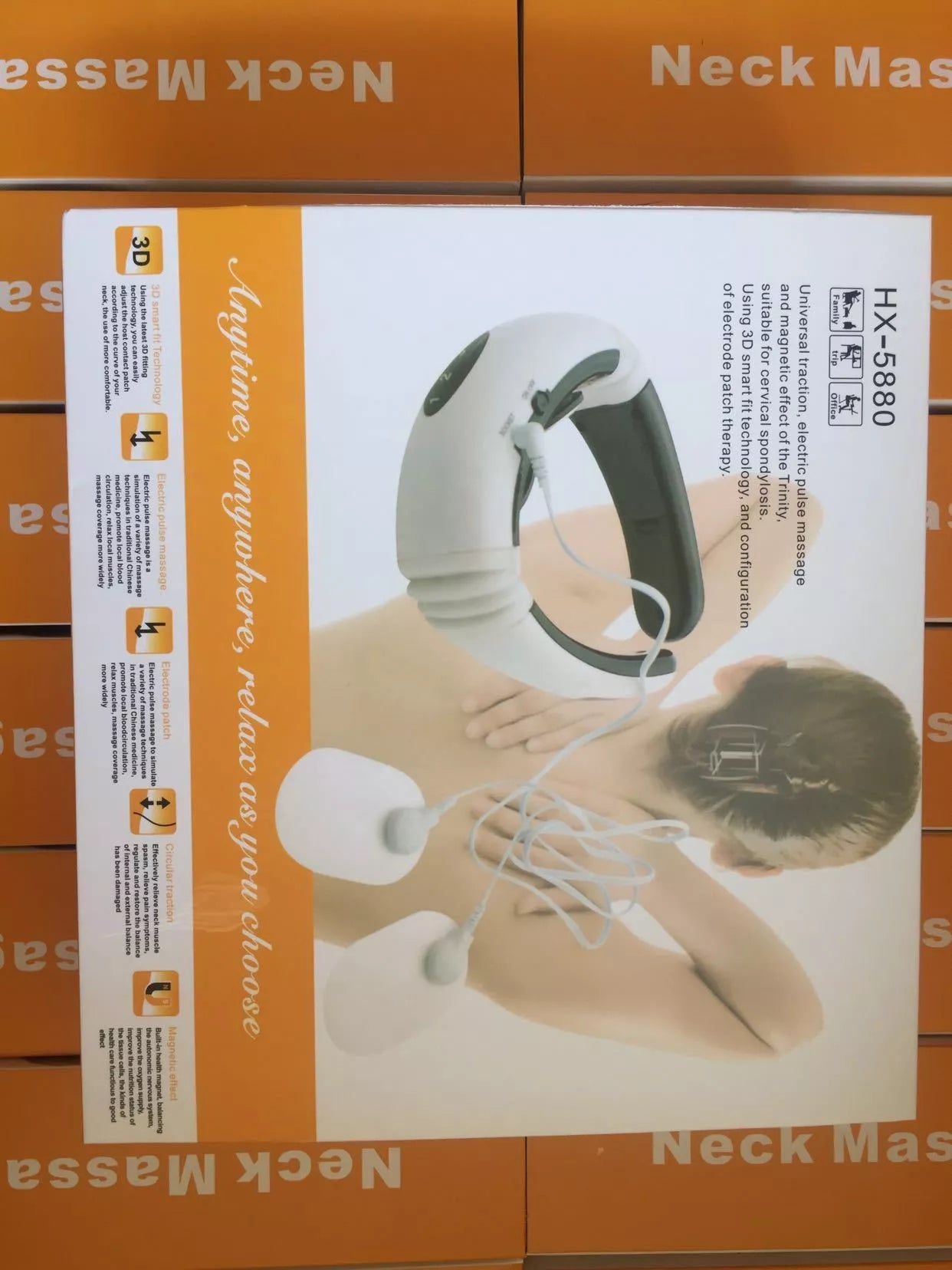 Cervical massager with 6 modes for neck tension relief, white color, includes gel strips