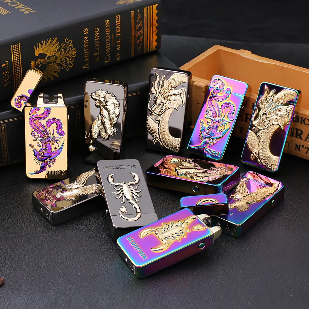 USB charging windproof lighter with ice pattern designs and metal body measuring 73.5mm