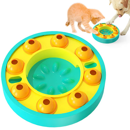Green and blue interactive dog puzzle toy slow feeder bowl with food turntable top