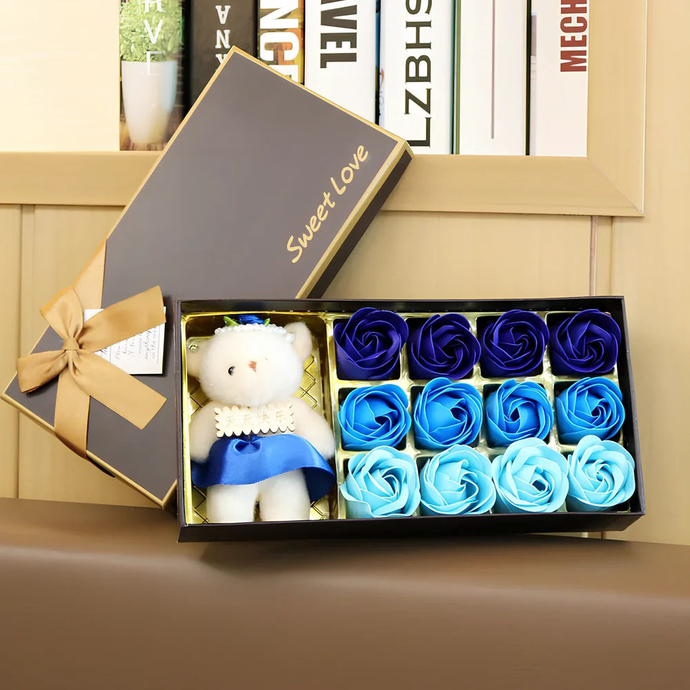 Handmade bouquet of 18 pink gradient rose soap flowers with smooth petals for hand cleansing and decoration