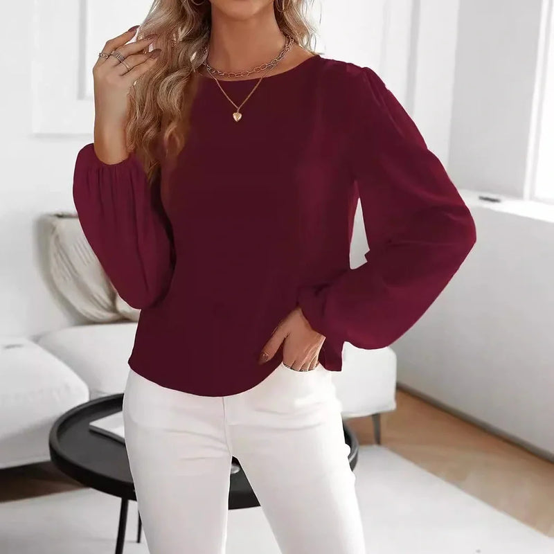 Wine red polyester long sleeve pullover top with button detailing, available in five sizes from S to XXL, designed for commuting with a temperament style that offers a versatile wardrobe staple for workday outfits