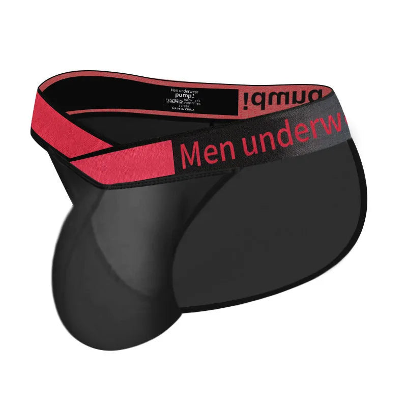 Men's black ice silk briefs with low waist and large V gradient high fork design on a white background
