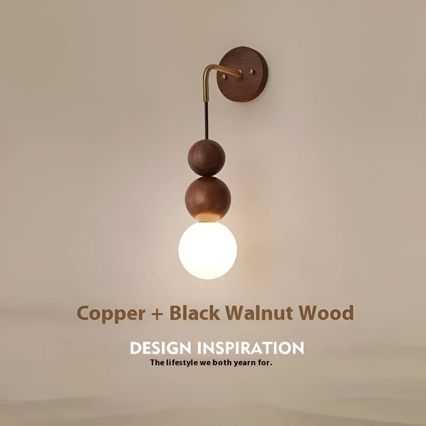Cylindrical wood and copper wall lamp with tricolour light, 50cm tall.