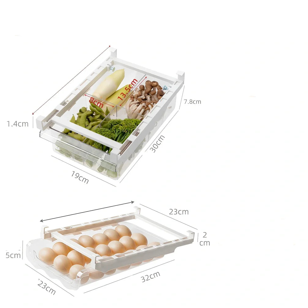Transparent adjustable fridge egg storage rack with pull-out drawer holding 21 eggs, stackable for kitchen organisation