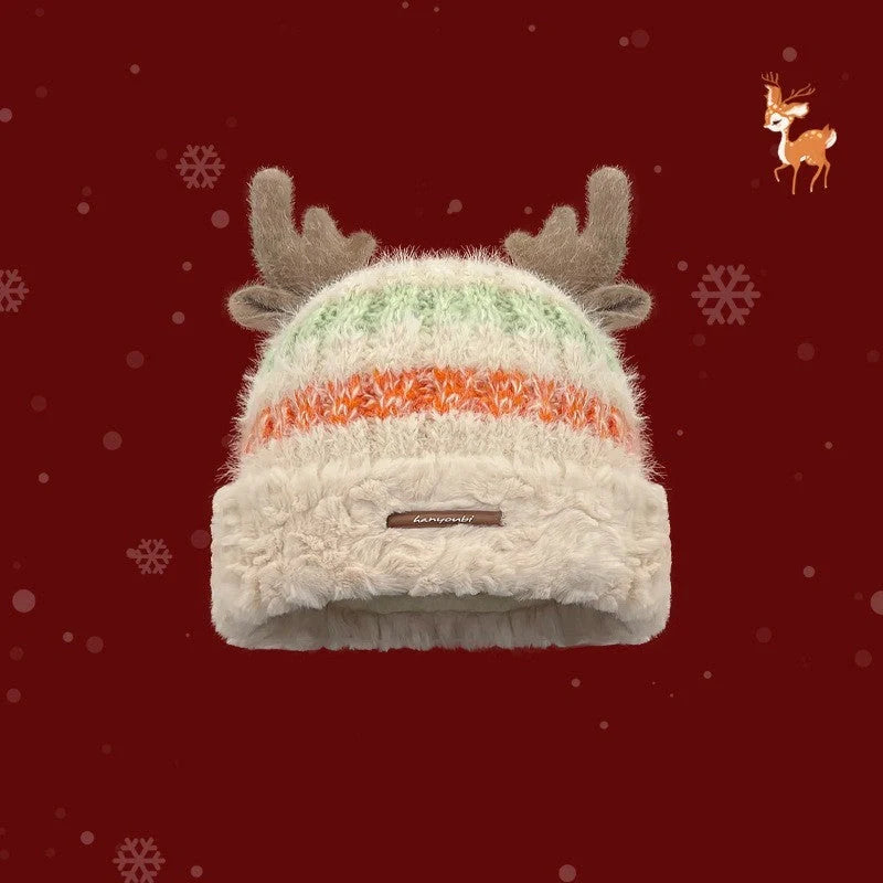 Cozy knit Christmas hat with playful deer antler design in various festive colors
