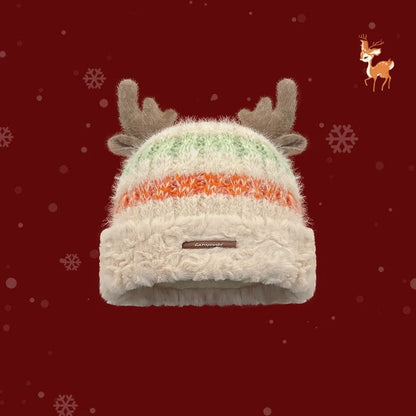 Cozy knit Christmas hat with playful deer antler design in various festive colors