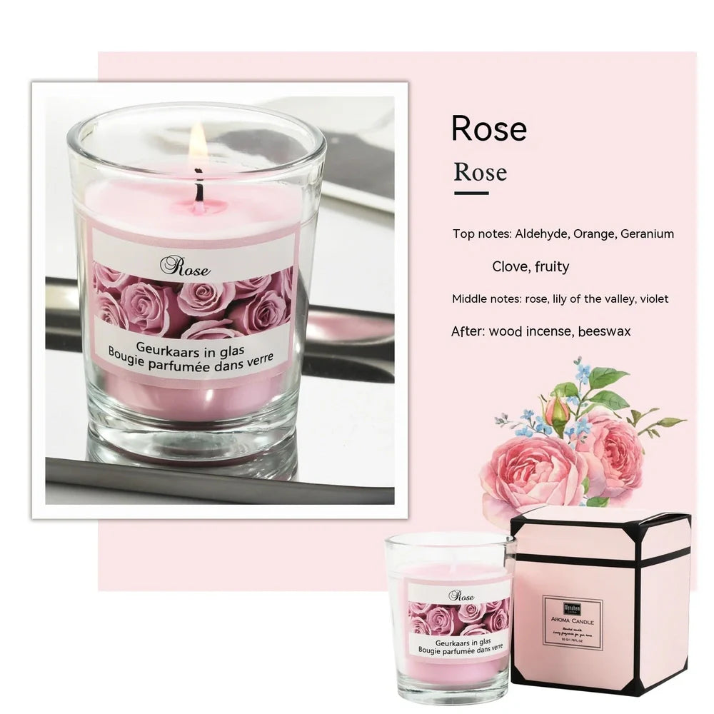 Handmade soy wax plant candle in transparent 5x6cm glass cup with romantic fragrance