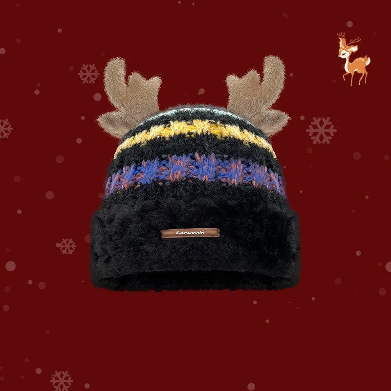 Cozy knit Christmas hat with playful deer antler design in various festive colors