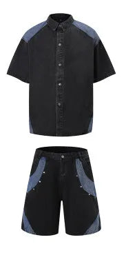 Retro washed denim jeans suit with short sleeves, available in black or blue, sizes M to XXXL, for summer street wear.