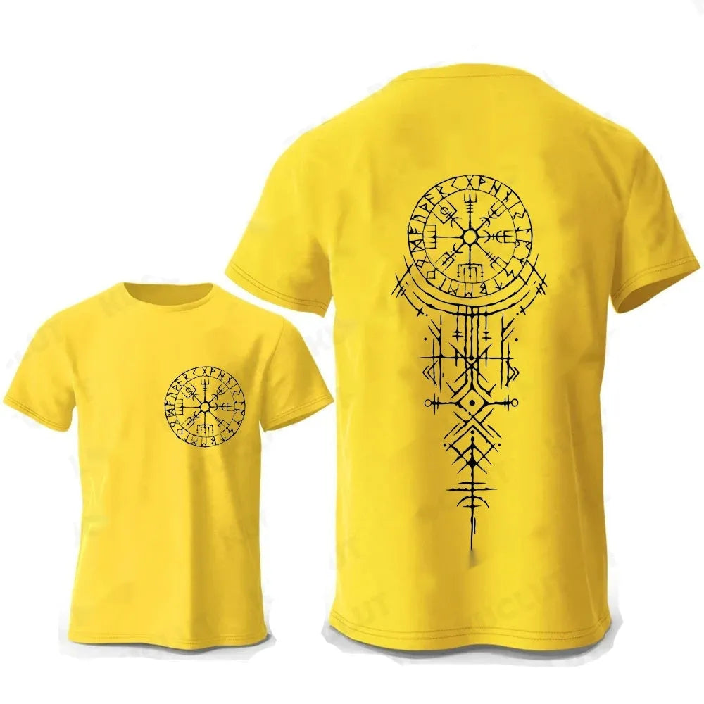 Men's grey T-shirt with a large black Viking rune compass graphic printed on the chest.