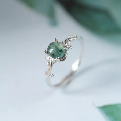 Adjustable S925 silver green moss agate stone finger ring with geometric design