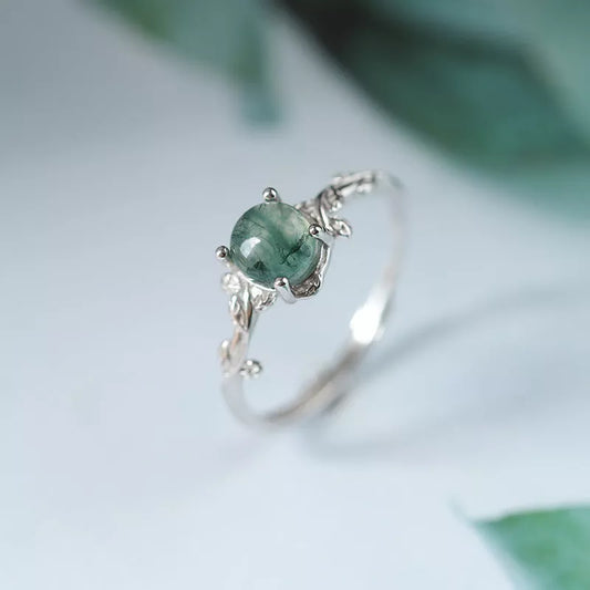 Adjustable S925 silver green moss agate stone finger ring with geometric design