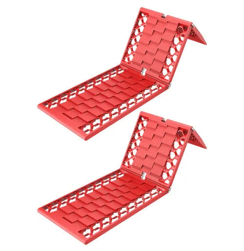 Pair of orange folding anti-slip car rescue boards for snow and mud recovery