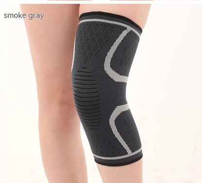 Black non-slip stretch sports knee pad shown on a knee, with size and colour options visible.