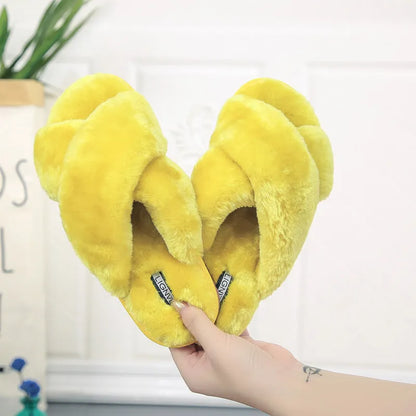 Cross open-toe fur slippers with non-slip patterned soles in black, showing ergonomic heel design