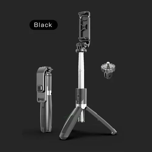 Black and white Bluetooth selfie stick with tripod legs extended and wireless remote control.