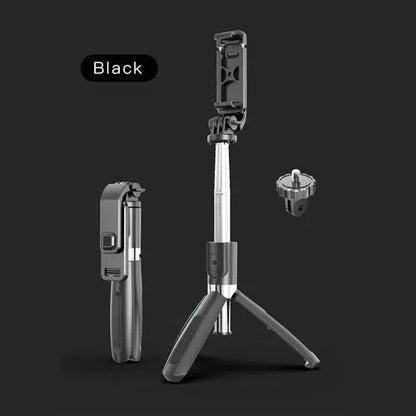 Black and white Bluetooth selfie stick with tripod legs extended and wireless remote control.
