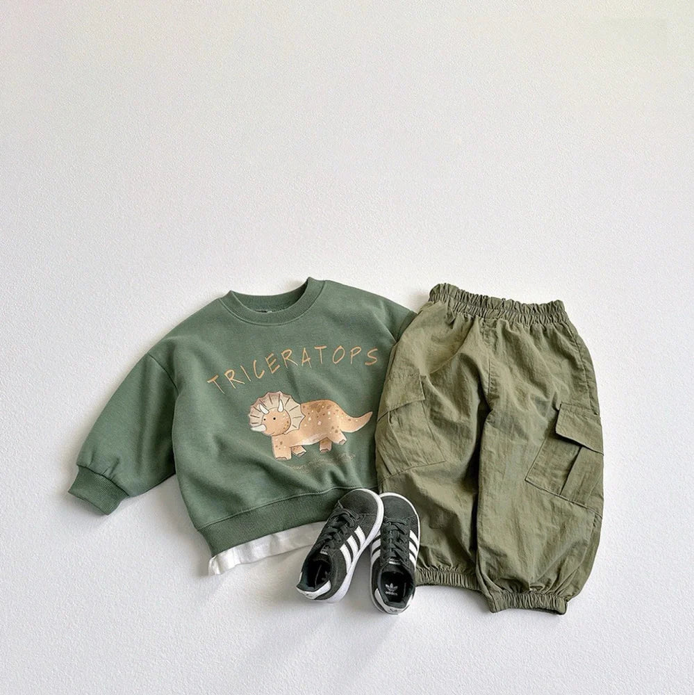 Children's beige sweatshirt with printed cartoon dinosaur design, pullover style without hood