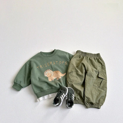 Children's beige sweatshirt with printed cartoon dinosaur design, pullover style without hood