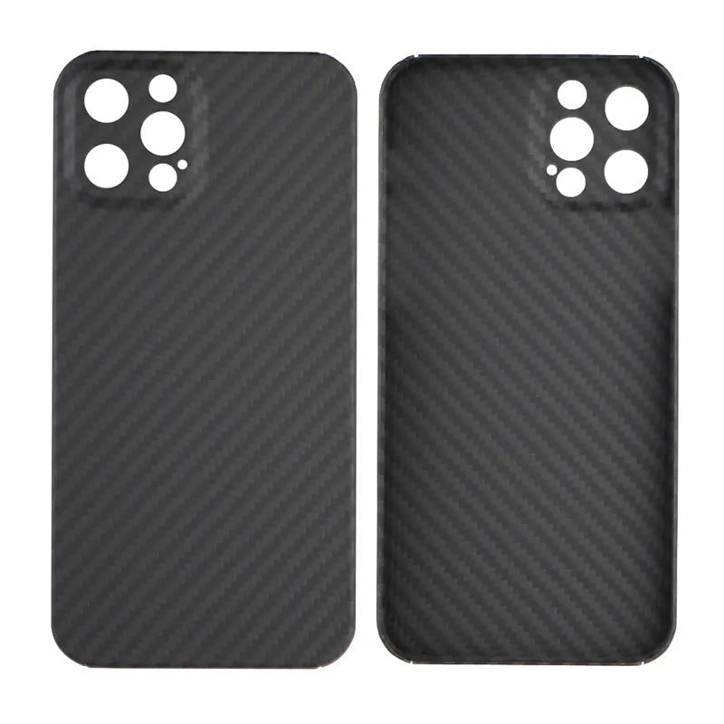 Dull black Kevlar fibre iPhone case with a stripe design on the back, shown on an iPhone model.