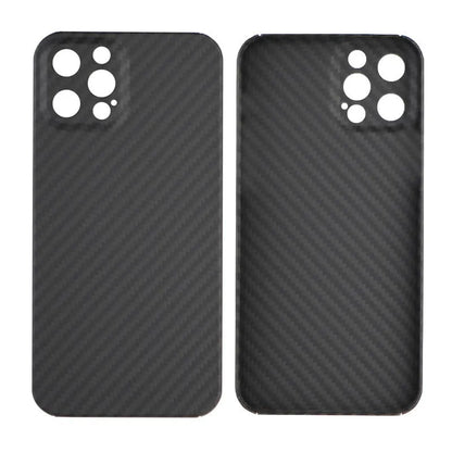 Dull black Kevlar fibre iPhone case with a stripe design on the back, shown on an iPhone model.