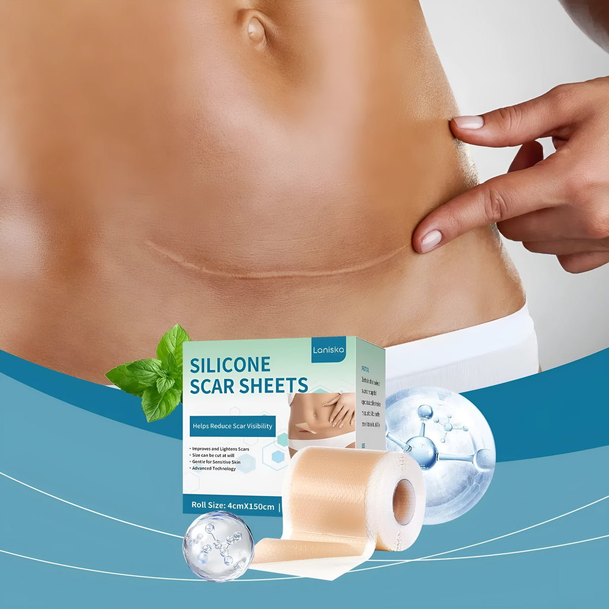Roll of silicone scar paster sheets with mint leaf ingredient for scar treatment